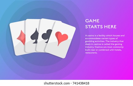 Casino and gambling concept vector flat poster design. Illustration with card deck with suits flat and place for text