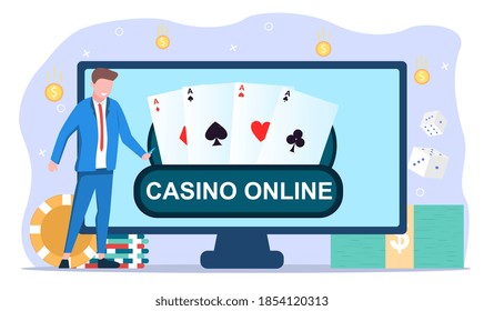 Casino and Gambling Concept. Website or web page on computer monitor with online poker, internet gambling, online casino. Cartoon flat vector illustration isolated on white background