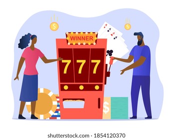 Casino and Gambling Concept. Website or web page template with online poker, internet gambling, online casino. Man and woman playing slot machine. Cartoon flat vector illustration
