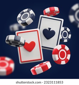 Casino and gambling elements floating, cartoon 3d vector illustration on dark background. Realistic and shiny casino tokens or gaming chips and playing cards.