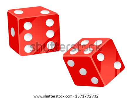 Casino gambling elements vector, isolated red dice with dots flat style. Tossing cubes to see result, betting and playing on money in gambler place