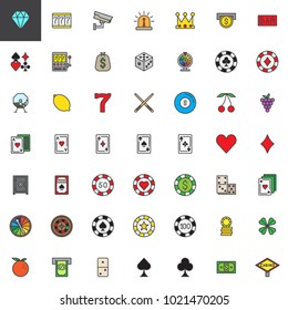Casino and gambling filled outline icons set, line vector symbol collection, linear colorful pictogram pack. Signs, logo illustration, Set includes icons as roulette, chip, clover, spade, heart, cards