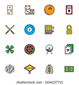 Casino Gambling filled outline icons set, line vector symbol collection, Casino games linear colorful pictogram pack. Signs logo illustration, Set includes icons dominoes, playing card, roulette, dice