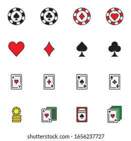 Casino gambling filled outline icons set, line vector symbol collection, linear colorful pictogram pack. Signs logo illustration, Set includes icons as casino chips, gaming cards, coins, ace of hearts