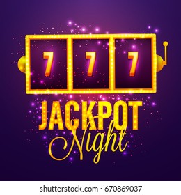 Casino Gambling Game Banner design. Glowing Jackpot Night background with Golden Slot Machine.