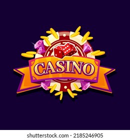 Casino gambling game banner, poker roulette lucky win, vector cartoon signboard background. Casino chips, dice and jackpot gold coins with diamonds, Vegas gamble game slot machines signboard