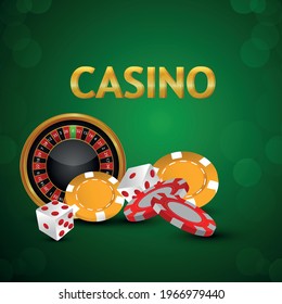 Casino gambling game with casino chips, roulette wheel with dice on green background