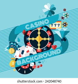 Casino gambling game of fortune background with roulette wheel and chips vector illustration