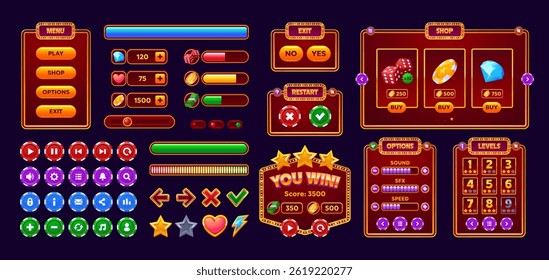 Casino gambling game interface. Cartoon vector ui buttons, glowing meters, menu panels, and interactive elements like shop icons, chips and cubes, progress bars, badges. Gameplay for mobile or web app