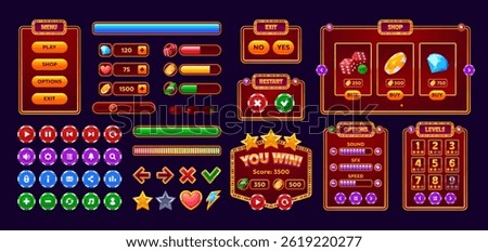 Casino gambling game interface. Cartoon vector ui buttons, glowing meters, menu panels, and interactive elements like shop icons, chips and cubes, progress bars, badges. Gameplay for mobile or web app