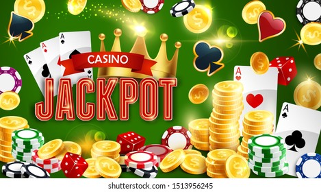 Casino gambling game, jackpot and poker playing cards. Vector chips and golden coins, dices and royal crown. Money stakes, entertainment club, aces suits hearts, spades, diamonds and clubs