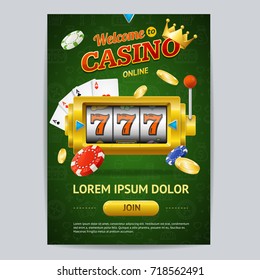 Casino Gambling Game Poster Card Template with Realistic Slot Machine One Arm Symbol. Vector illustration of Casino Flyer or Placard