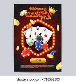 Casino Gambling Game Poster Card Template with Light Bulbs Vintage Neon Frame, Gold Coins, Playing Cards and Poker Chips. Vector illustration of Casino Brochure