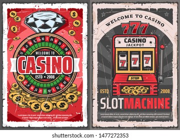 Casino gambling game retro posters with vector roulette wheel, chips and golden coins, slot machine with winner combination of lucky 777, diamond and gold. Online casino and game of chance themes