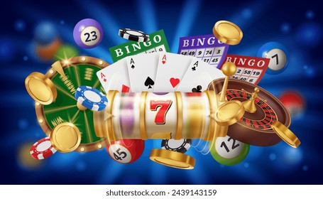 Casino gambling games and fun, slot machine with sevens. Vector roulette and bingo lottery ticket with balls, poker chips and golden money coins, cards for gamblers. Taking risks and winning