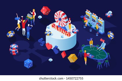 Casino gambling games isometric vector illustration. Gamblers playing poker, blackjack card games and bingo lottery 3D characters. Gambling business, addictive entertainment color drawing