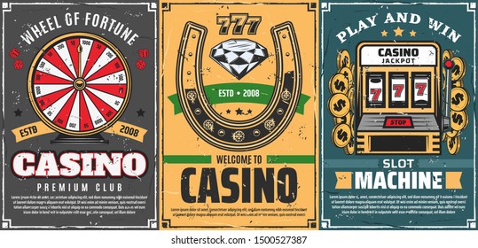 Juegos de casino, vector retro. Rueda de la fortuna, afortunada herradura con diamante brillante y máquina tragaperras con la combinación 777 jackpot. Juego de póquer dice, riesgo en el club de casino, dinero