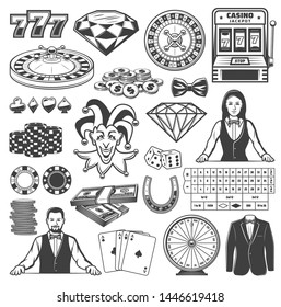 Casino and gambling games vector icons of roulette, dice and chips, poker table, play cards and slot machine, fortune wheel, lucky 777 and croupier, diamond, joker and money. Gaming industry themes