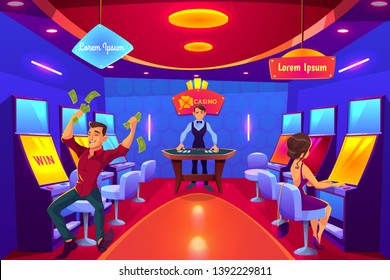 Casino gambling hall interior cartoon vector. Smiling croupier standing at poker table, woman playing on slot machine, excited man squeezing banknotes in hands, happy because of big win illustration