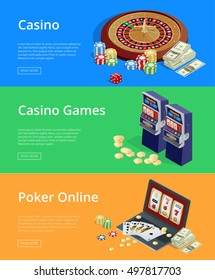 Casino and gambling horizontal banners set with casino games symbols flat isolated vector illustration 
