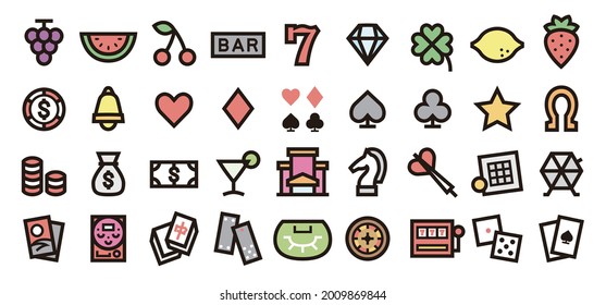 Casino and Gambling Icon Set (Bold outline Color version)