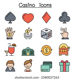 Casino and Gambling icon set in color line style