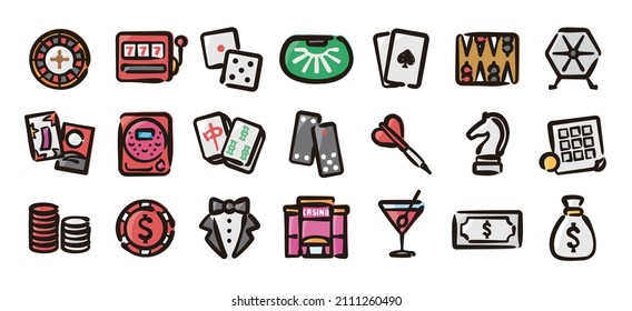 Casino and Gambling icon set for graphic (Hand draw color version)