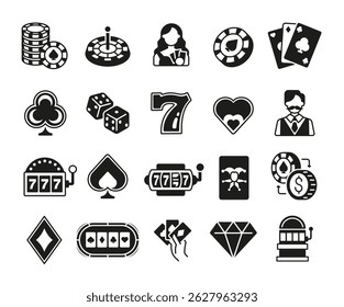 Casino and gambling icons. Large set of casino and gambling trendy minimal icons. Poker Cards, Dice, Casino Chips icon. Design signs for web page, mobile app, packaging design. Vector illustration.