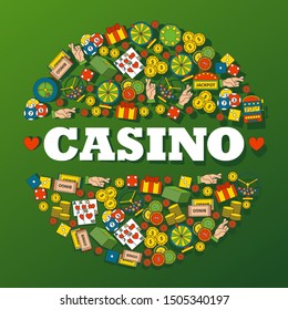 Casino gambling icons in round frame composition, vector illustration. Decorative cover for casino, gambling club, symbols of luck and fortune, entertainment and success. Gamble to win money in a game