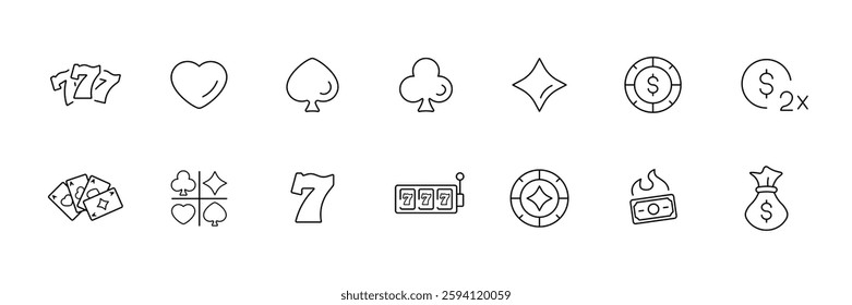 Casino gambling icons set in linear flat style - vector symbols including cards, chips, and slot machine.