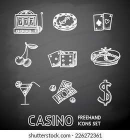 Casino (gambling) icons set painted on black chalkboard with - dice, poker cards, chip, cherry, slot machine, roulette, martini drink, money, dollar sign. vector