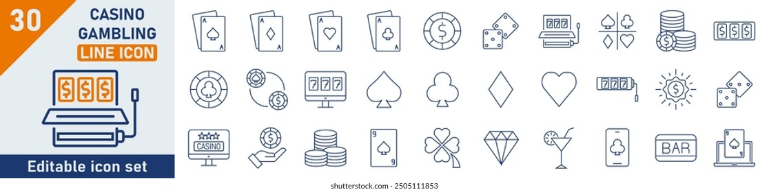 Casino Gambling line icon set. Set of 30 outline icons related to slot machine, playing cards, roulette, horseshoe and dealer, clover, chip and money. Casino Gambling outline icons collection.