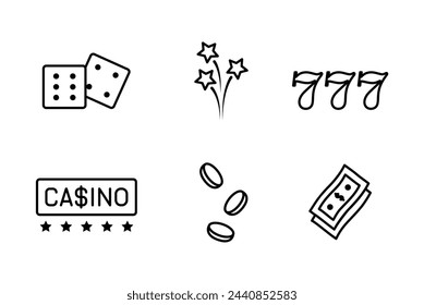 Conjunto de iconos de línea de casino y juegos de azar. Conteniendo bingo, dados, dados de póquer, tarjetas de juego, tres sietes, símbolo de ganar, fuegos artificiales, dinero, efectivo, monedas. Ilustración aislada del vector