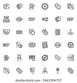 Casino and gambling line icons set. linear style symbols collection, outline signs pack. Casino games vector graphics. Set includes icons as slot machine, poker cards, lottery, bingo, roulette table