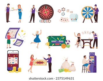 Casino gambling lottery flat set of people playing poker slot game rotating spin wheel reel isolated vector illustration