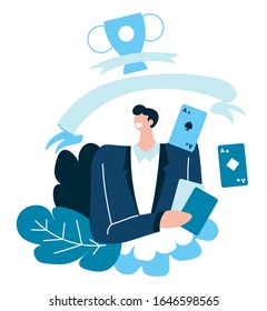 Casino and gambling, male poker player and prize cup vector. Play card and gambler, stakes and betting, fortune and luck, gamble game. Tournament and championship, winning jackpot, money award