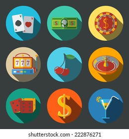 Casino (gambling) modern flat icons set on color round plates with - dice, poker cards, chip, cherry, slot machine, roulette, martini drink, money, dollar sign. vector