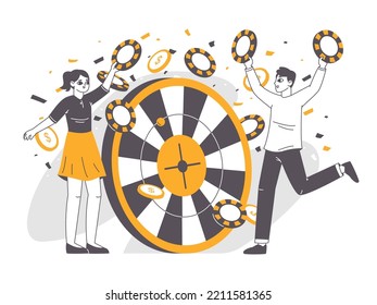 Casino gambling outline people, lucky roulette players. Fortune prize winners, roulette happy gamers flat vector background illustration. Lucky winning people