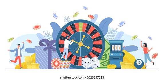 Casino gambling people. Man and woman playing roulette. Big win on fortune wheel. Cartoon players hit jackpot and receive money. Persons celebrate lottery winning. Vector gamble concept