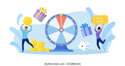 Casino and gambling. People playing fortune wheel. Winners with gift boxes, dice and giant raffle drum. Players spinning lucky wheel, hit jackpot and receive money. Woman celebrate lottery winning