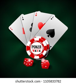 Casino Gambling Poker background design. Poker banner with chips, playing cards and dice. Online Casino Banner on green background. Vector illustration.