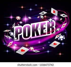Casino Gambling Poker background design. Poker banner with chips and playing cards. Online shiny Casino Banner dark background. Vector illustration.
