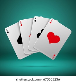 Casino gambling poker blackjack vector concept with playing cards with four aces. Combination playing card illustration