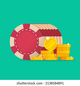 Casino gambling poker chips stack icon vector with money coins pile isolated flat cartoon illustration