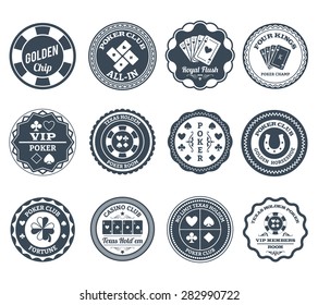 Casino Gambling Poker Clubs Golden Chip And Royal Flush Symbols Black Labels Set Abstract Isolated Vector Illustration