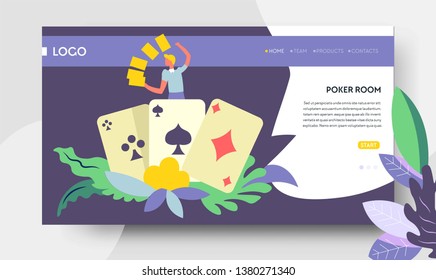 Casino and gambling poker room online web landing page vector play card suits and gambler stakes and betting fortune and luck gamble game Internet tournament and championship winning jackpot