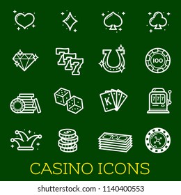 Casino gambling and poker vector thin line icons Vector jackpot and bingo symbols of dice, playing cards and money coins, joker cap and lucky horseshoe and slot machine for online internet casino