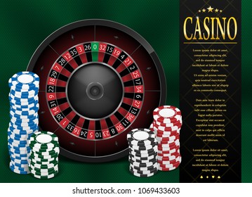 Casino Gambling poster or flyer design. Casino banner template with Roulette Wheel isolated on green background. Playing casino games. Vector illustration.