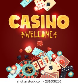 Casino gambling poster with poker cards dice roulette domino chips slot machine vector illustration