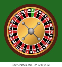 Casino gambling roulette wheel isolated on green background